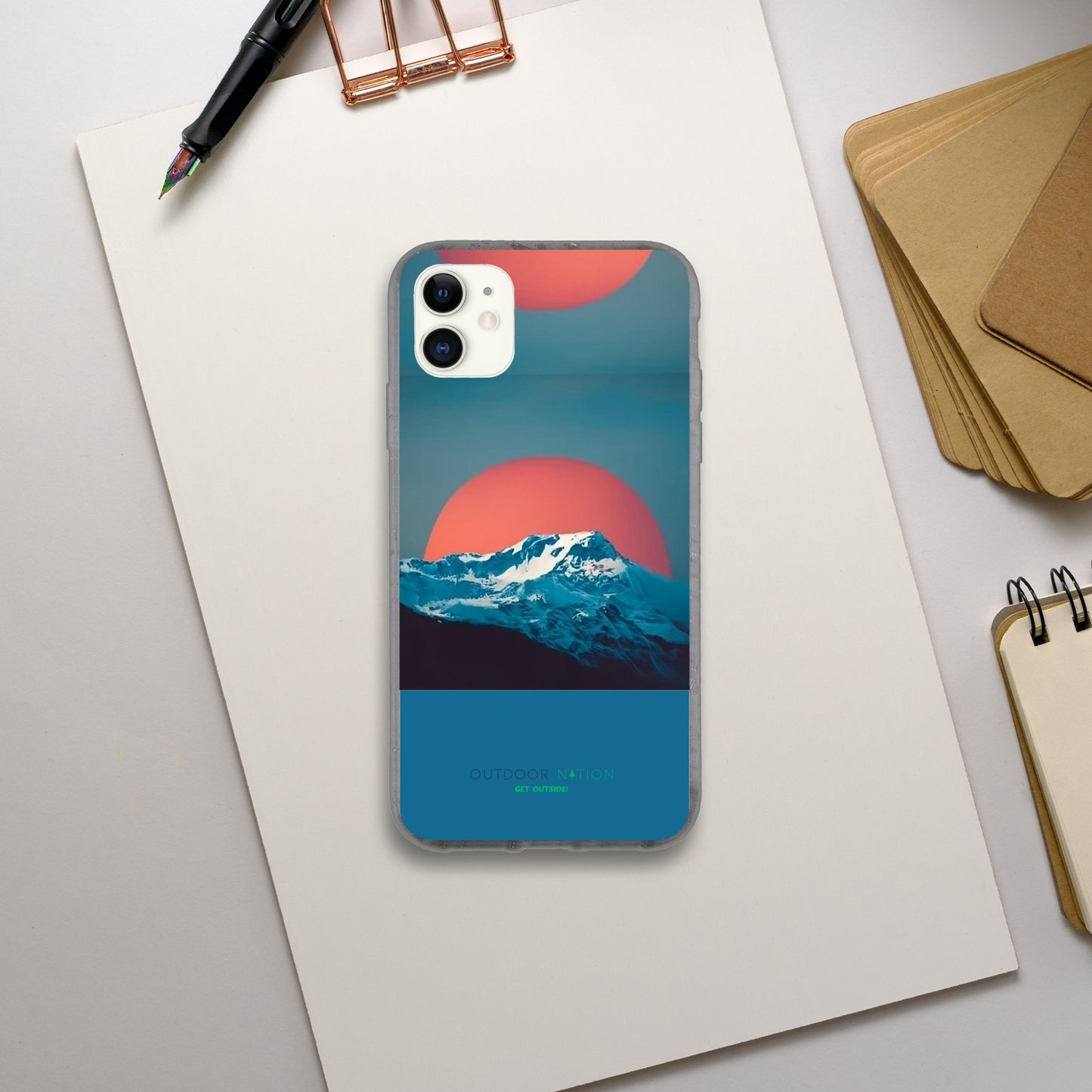 Biodegradable EVNIRONMENTALY FREINDLY phone case with Beautiful Outdoor Nation design and logo, inspiring you daily to GET OUTSIDE!