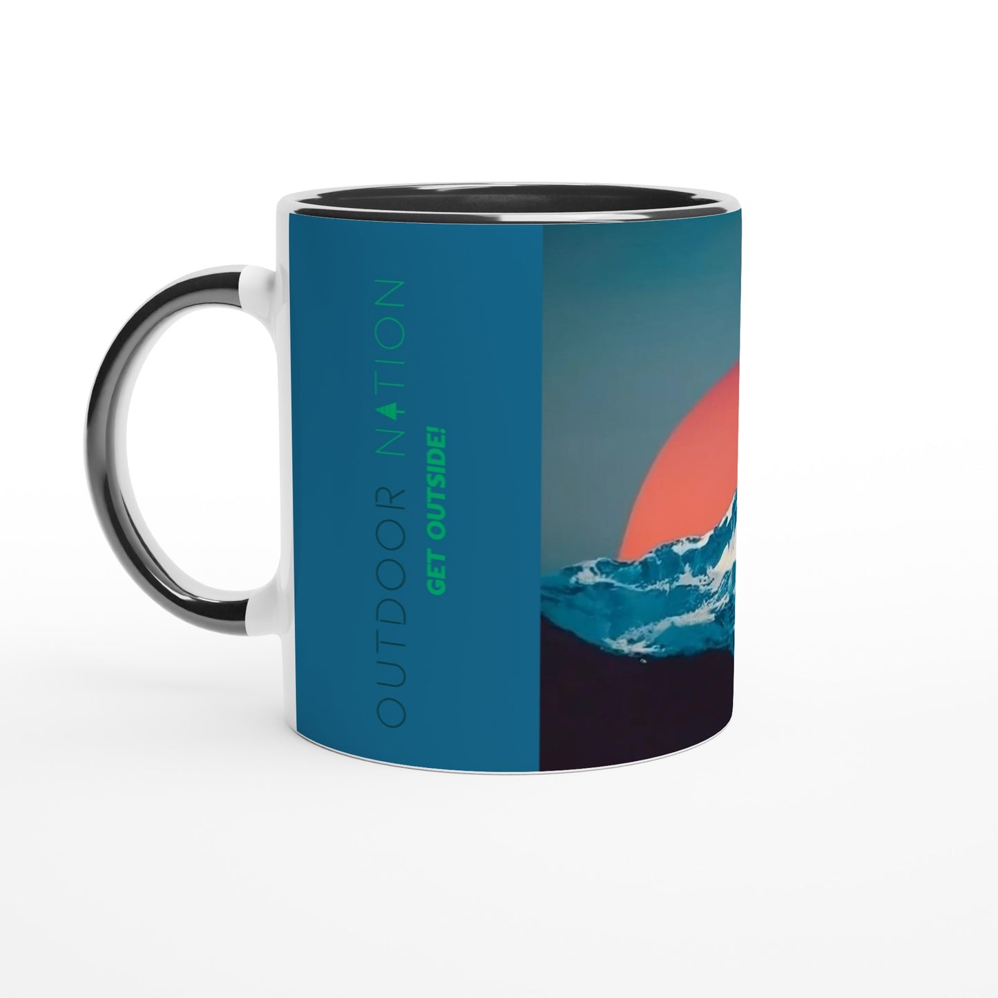 White 11oz Ceramic Mug with Color Inside with Beautiful Outdoor Nation design and logo, inspiring you daily to GET OUTSIDE!