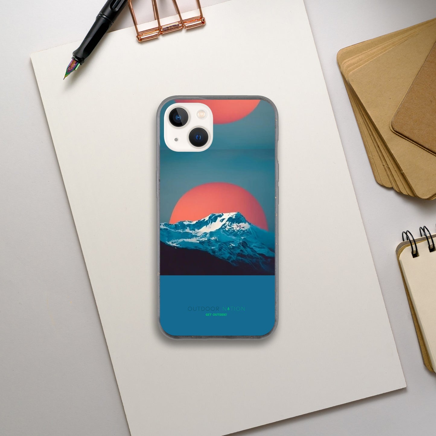 Biodegradable EVNIRONMENTALY FREINDLY phone case with Beautiful Outdoor Nation design and logo, inspiring you daily to GET OUTSIDE!