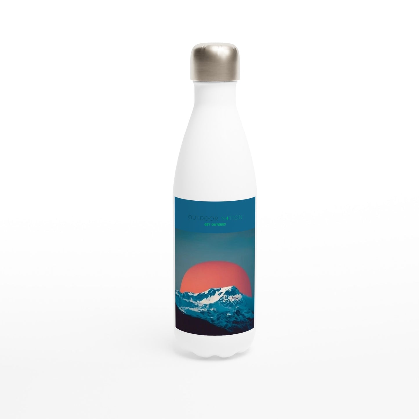 White 17oz Stainless Steel Water Bottle with Beautiful Outdoor Nation design and logo, inspiring you daily to GET OUTSIDE!