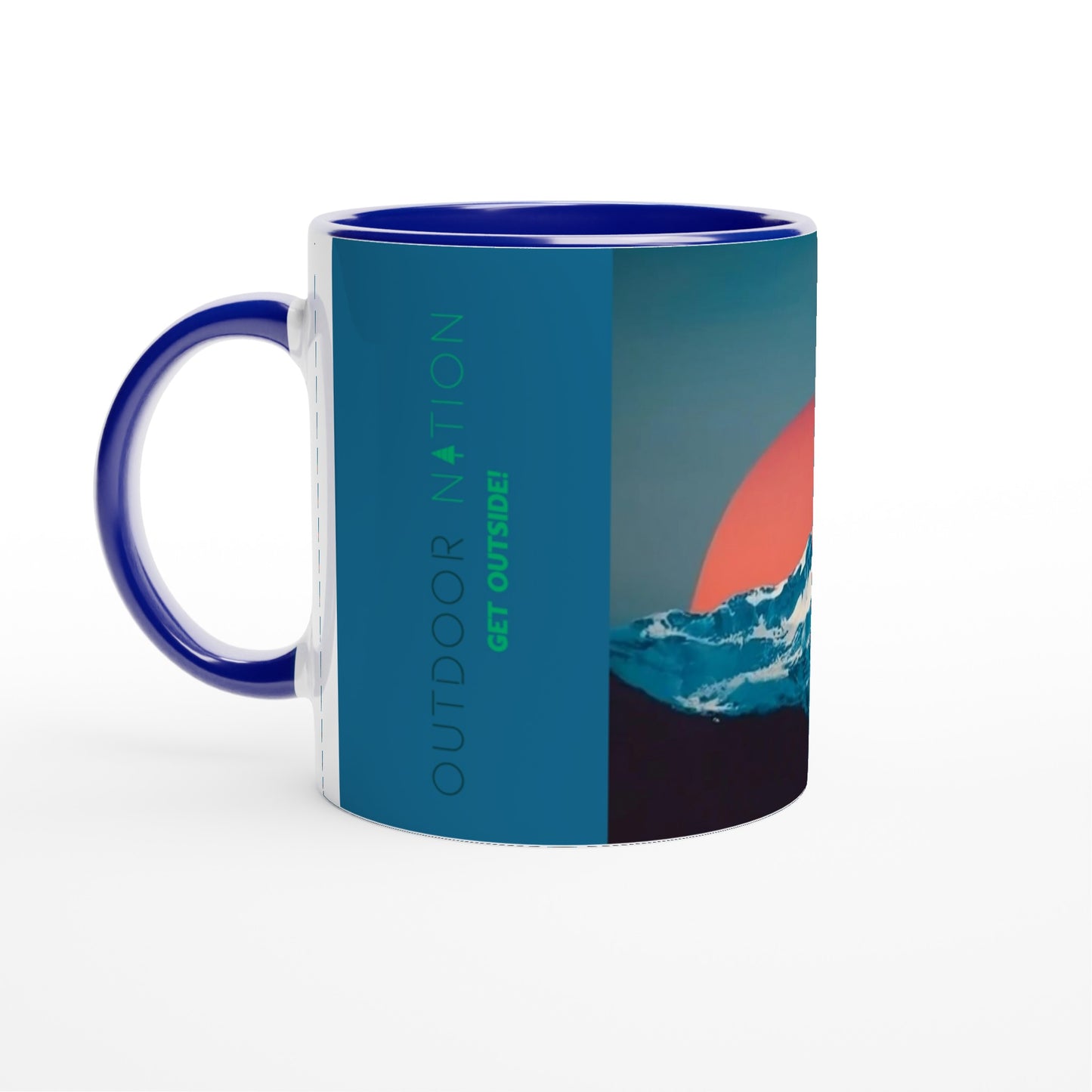 White 11oz Ceramic Mug with Color Inside with Beautiful Outdoor Nation design and logo, inspiring you daily to GET OUTSIDE!