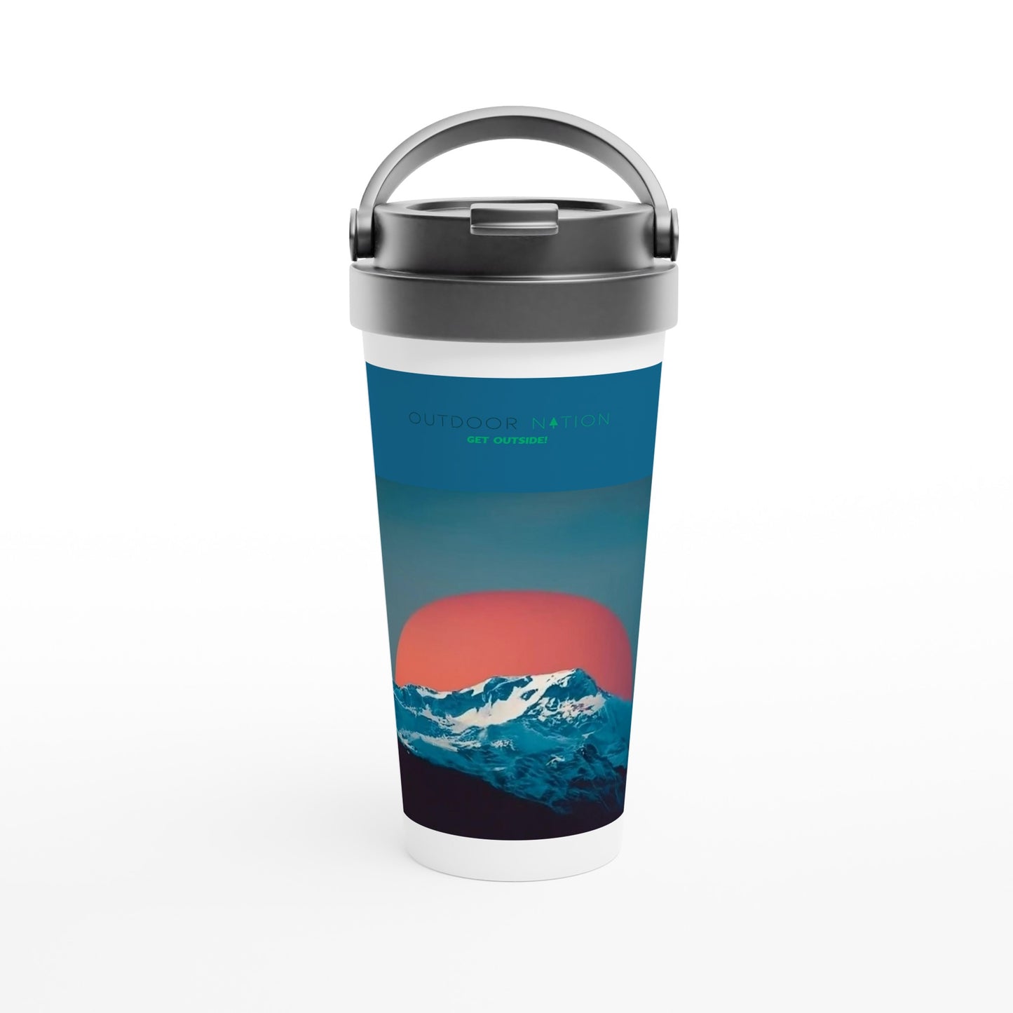 White 15oz Stainless Steel Travel Mug with Beautiful Outdoor Nation design and logo, inspiring you daily to GET OUTSIDE!