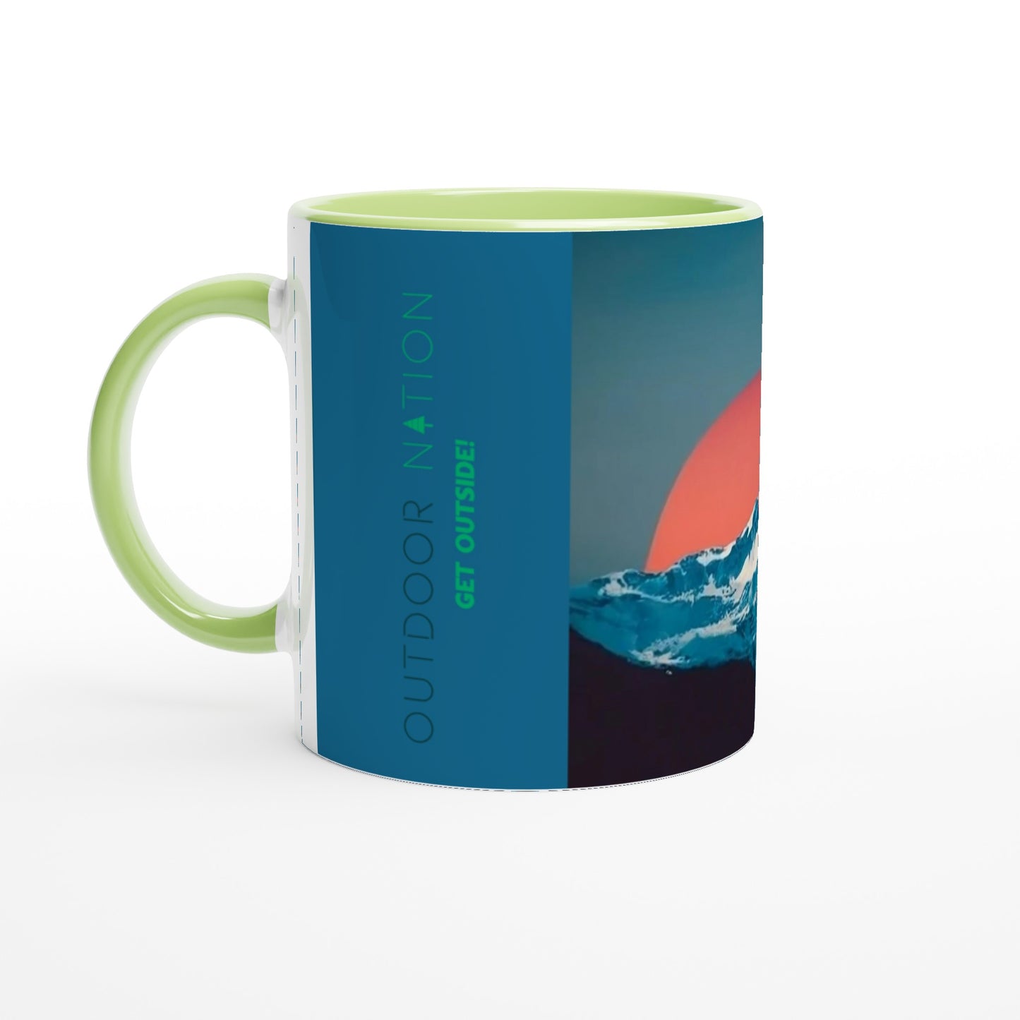 White 11oz Ceramic Mug with Color Inside with Beautiful Outdoor Nation design and logo, inspiring you daily to GET OUTSIDE!