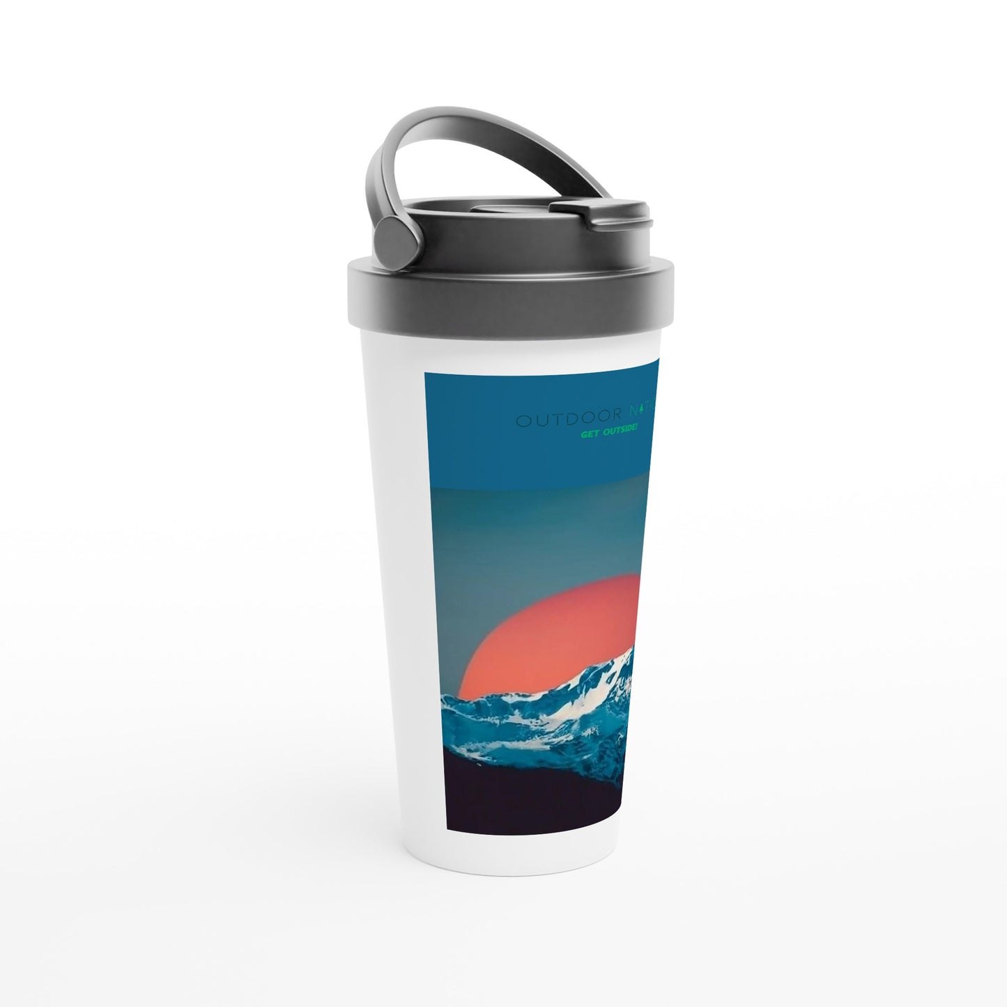 White 15oz Stainless Steel Travel Mug with Beautiful Outdoor Nation design and logo, inspiring you daily to GET OUTSIDE!