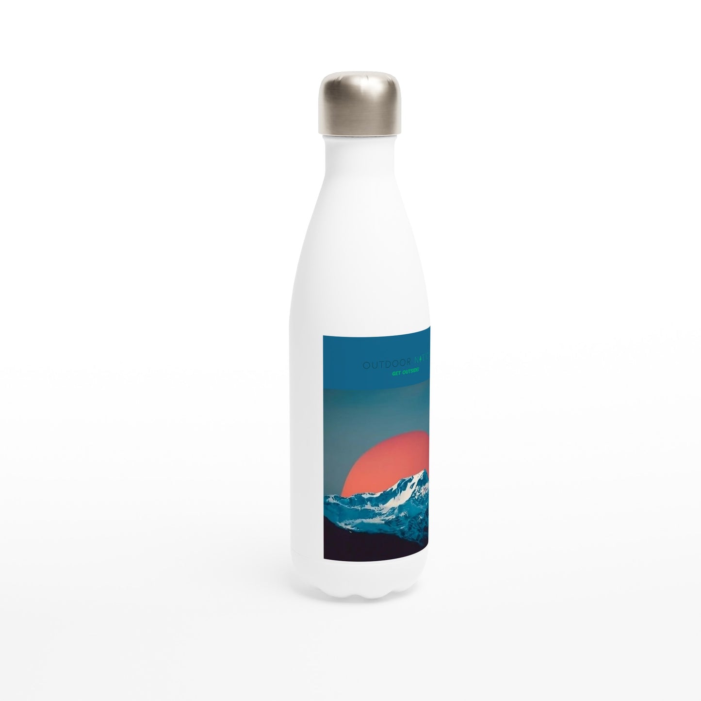 White 17oz Stainless Steel Water Bottle with Beautiful Outdoor Nation design and logo, inspiring you daily to GET OUTSIDE!