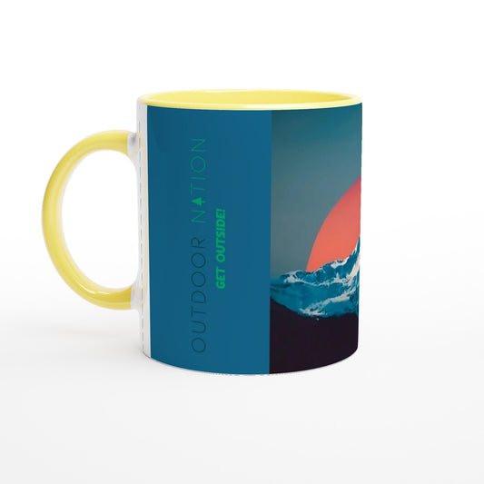 White 11oz Ceramic Mug with Color Inside with Beautiful Outdoor Nation design and logo, inspiring you daily to GET OUTSIDE!