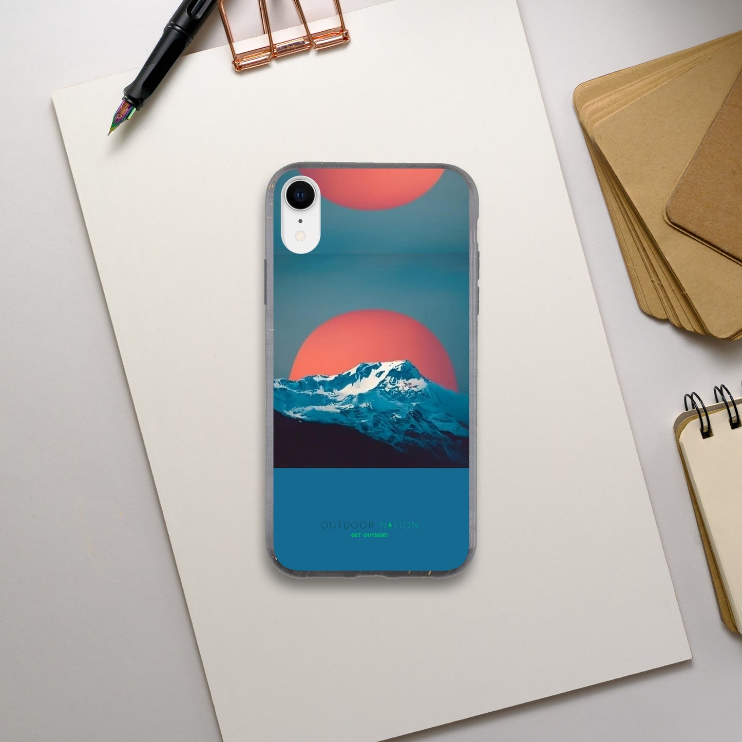 Biodegradable EVNIRONMENTALY FREINDLY phone case with Beautiful Outdoor Nation design and logo, inspiring you daily to GET OUTSIDE!