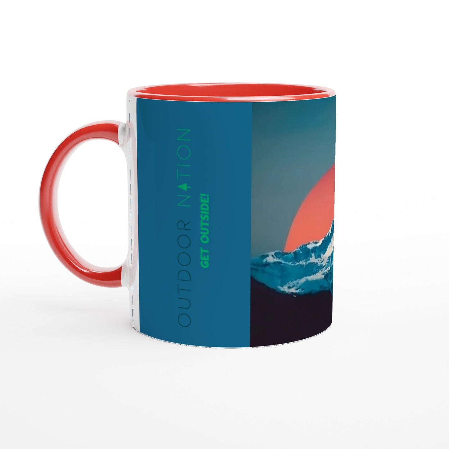 White 11oz Ceramic Mug with Color Inside with Beautiful Outdoor Nation design and logo, inspiring you daily to GET OUTSIDE!