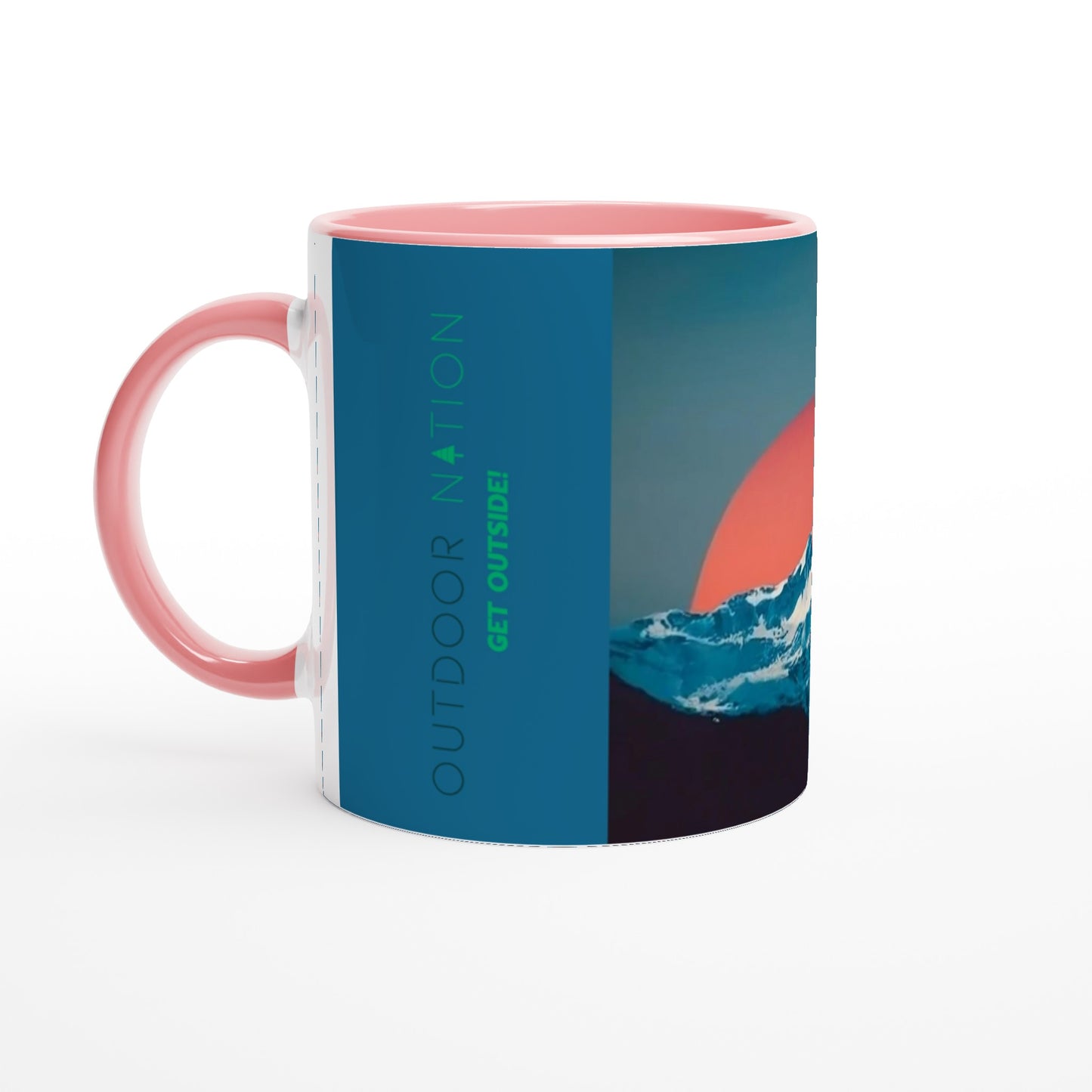 White 11oz Ceramic Mug with Color Inside with Beautiful Outdoor Nation design and logo, inspiring you daily to GET OUTSIDE!